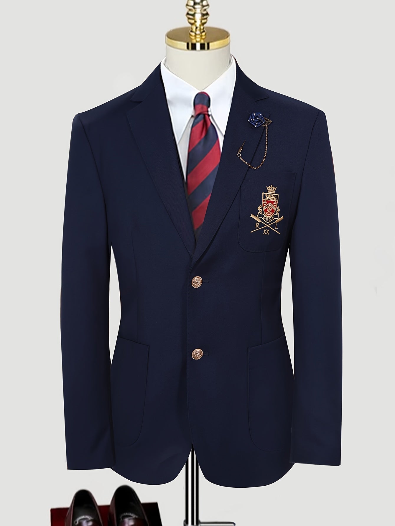 Erkaklar uchun tasodifiy blazer, brosh bilan, Britaniya uslubi, bir rangli, to'qilgan mato, oddiy kesim, tugma tafsiloti, polyester astar, barcha mavsumlar uchun.