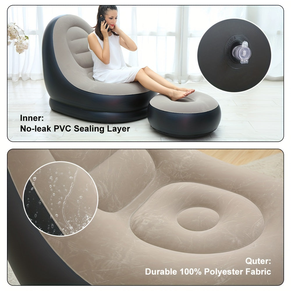 Inflatable Lazy Sofa with Footstool Foldable Portable Gray for Bedroom Balcony Office Outdoor Travel Camping