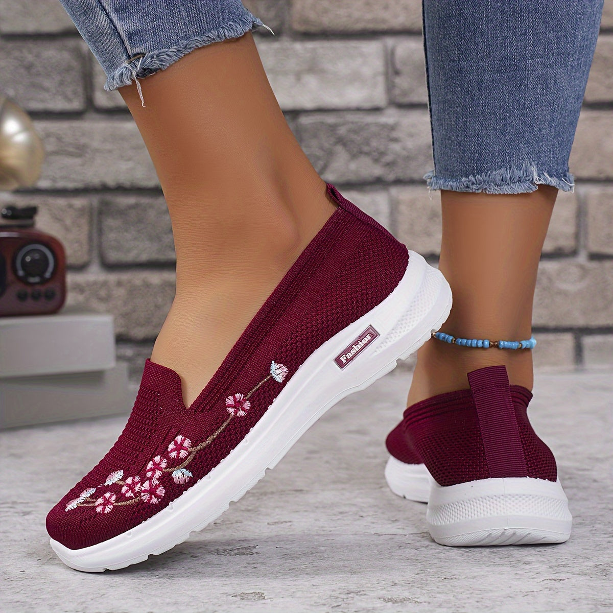Women's Floral Slip-On Sneakers Casual Embroidered Shoes Summer Outdoor