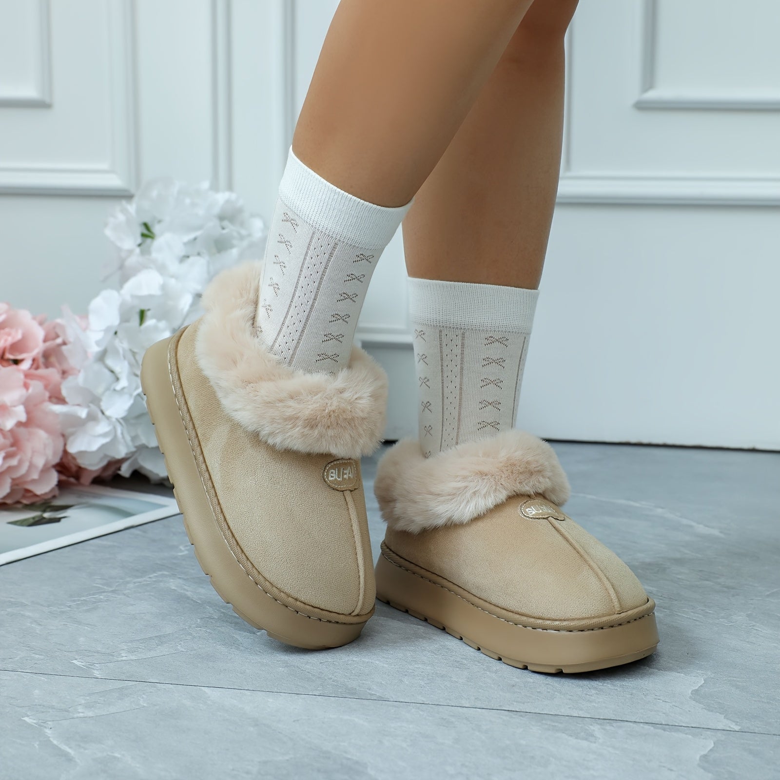 Women's EVA Snow Boots Slippers Indoor Warm Plush Thick Sole Gray Khaki Brown Pink