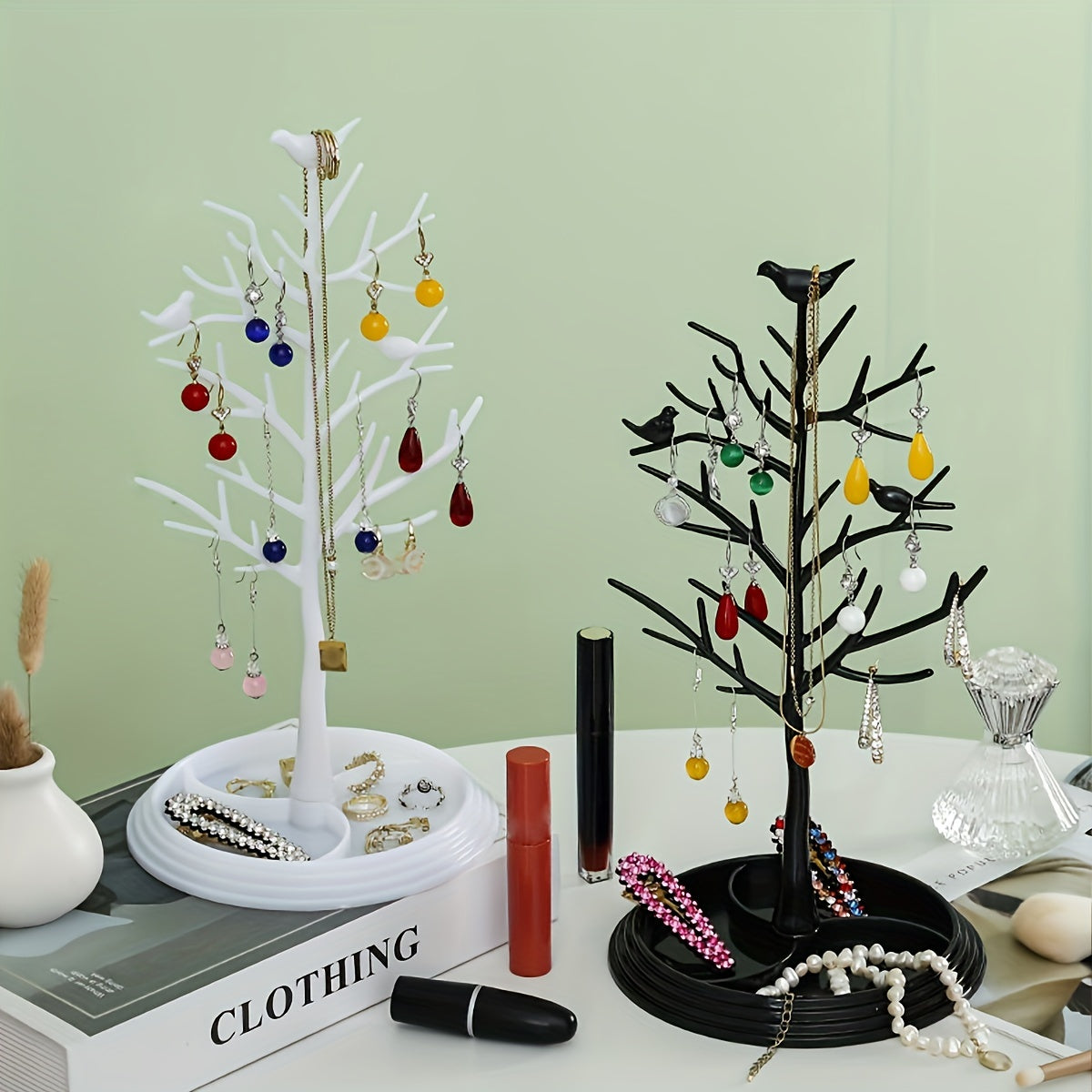 Acacia Bird Tree Jewelry Organizer for Necklaces Bracelets Earrings Rings with Key and Mask Storage