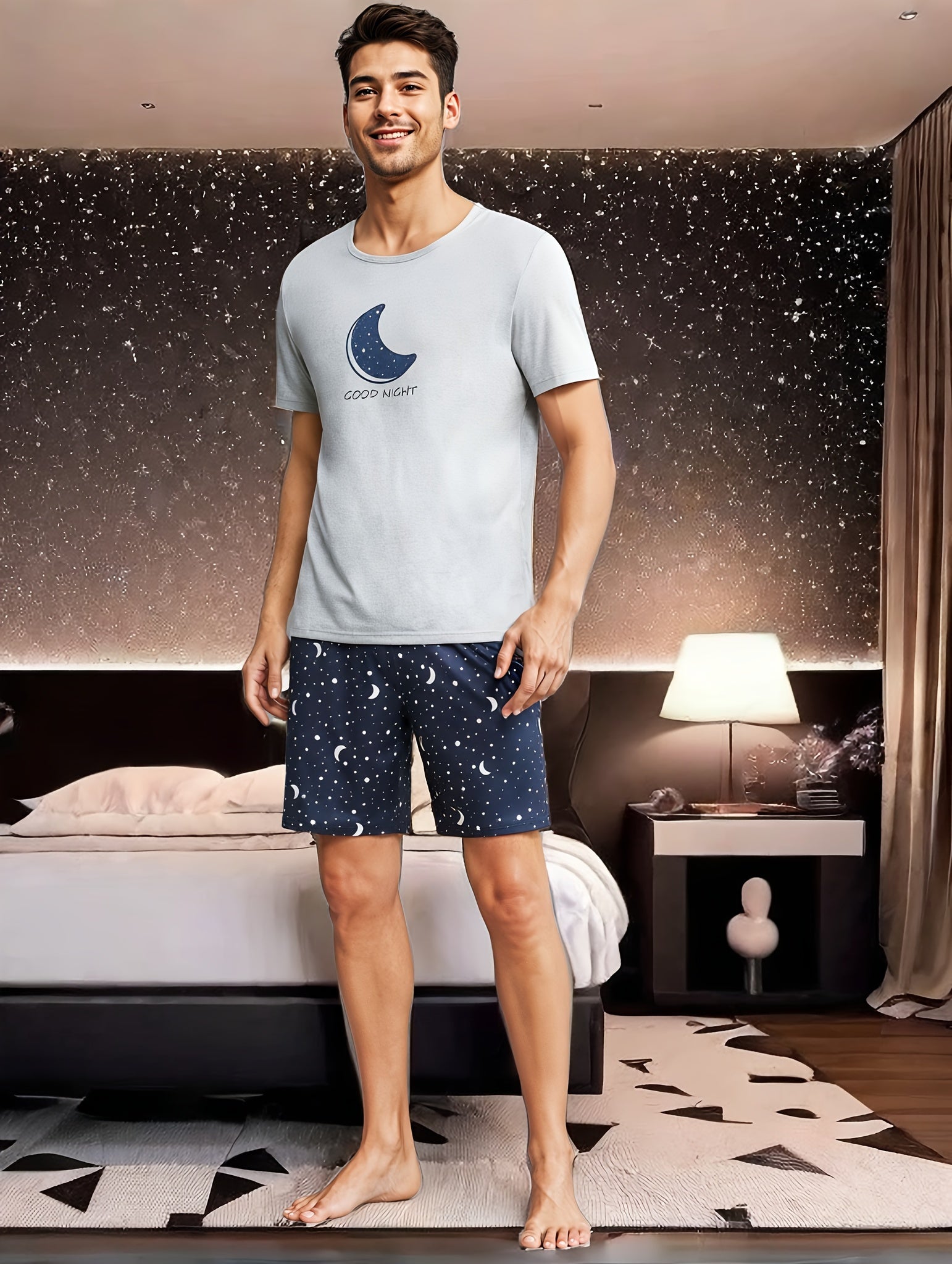 Men's Moon and Slogan Graphic Tee and Galaxy Print Pajama Set Polyester Crew Neck Regular Fit