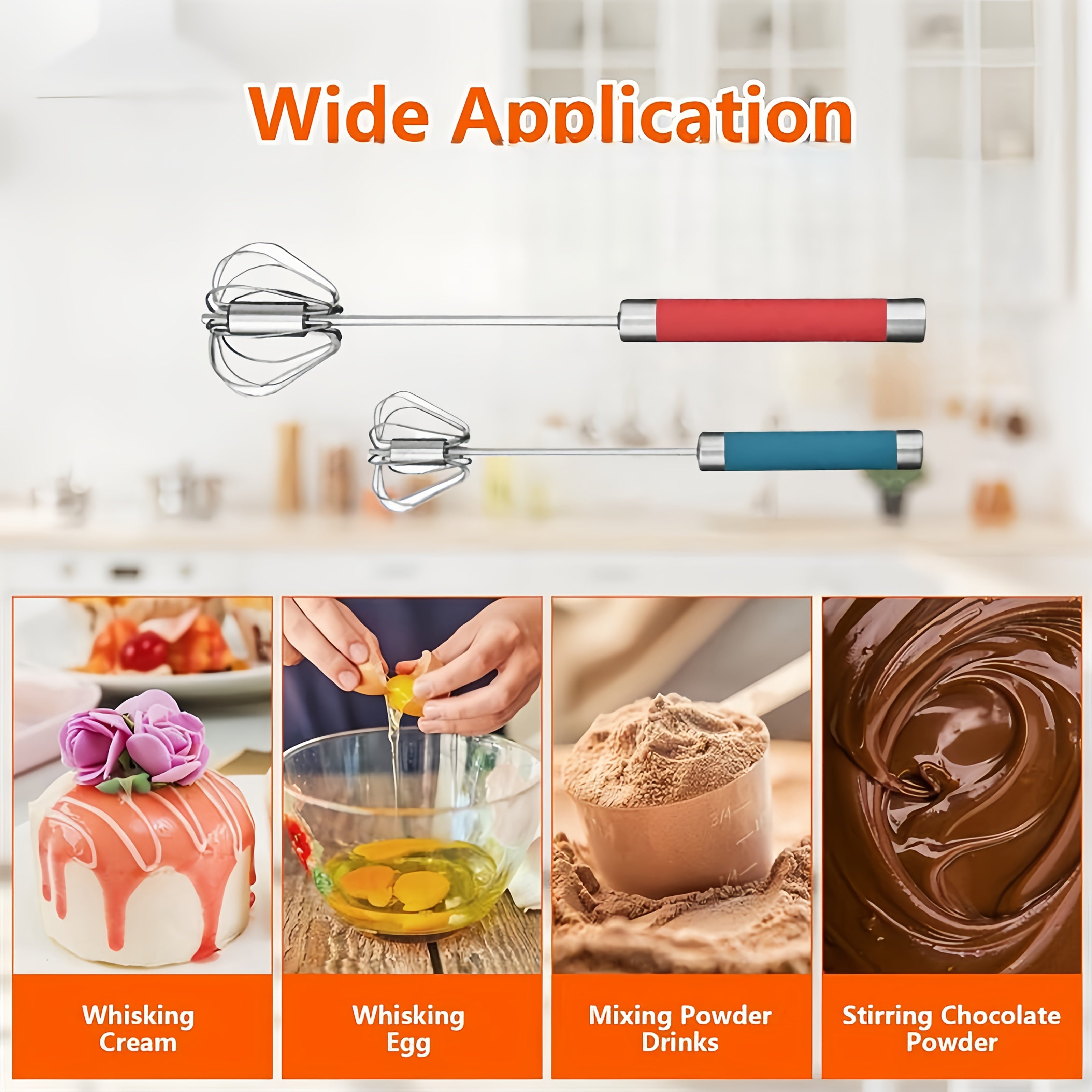 Stainless Steel Manual Egg Beater with Rotating Mixer for Pancakes and Eggs