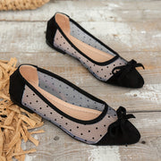 Women's Black Pointed Toe Slip-On Loafers with Bow and Polka Dot Net Fabric