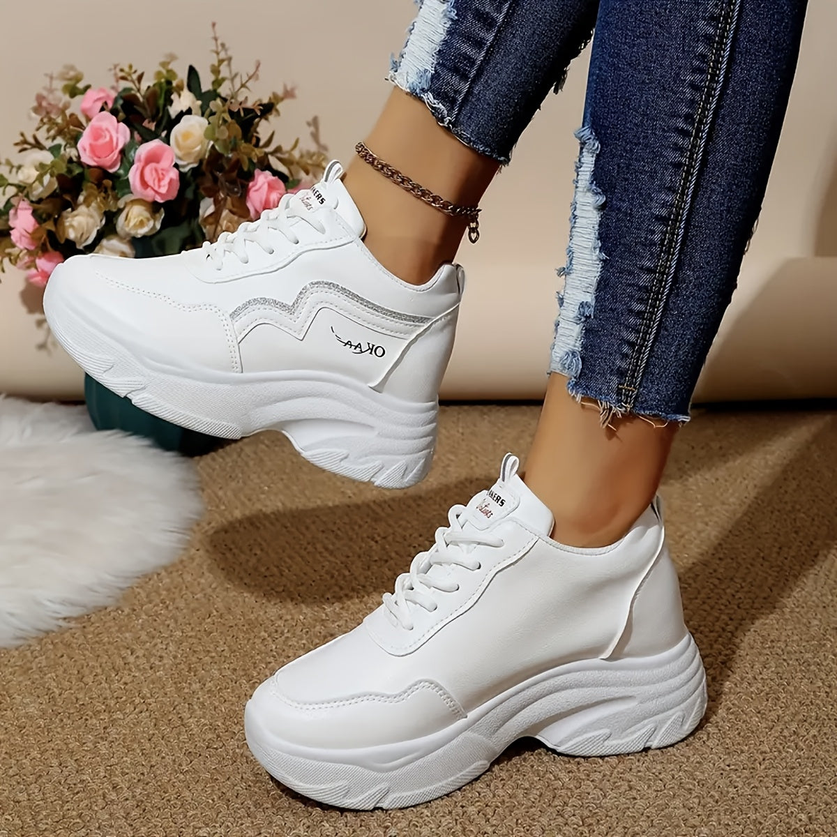 Women's Breathable Mesh Chunky Dad Sneakers White Low-Top Casual Athletic