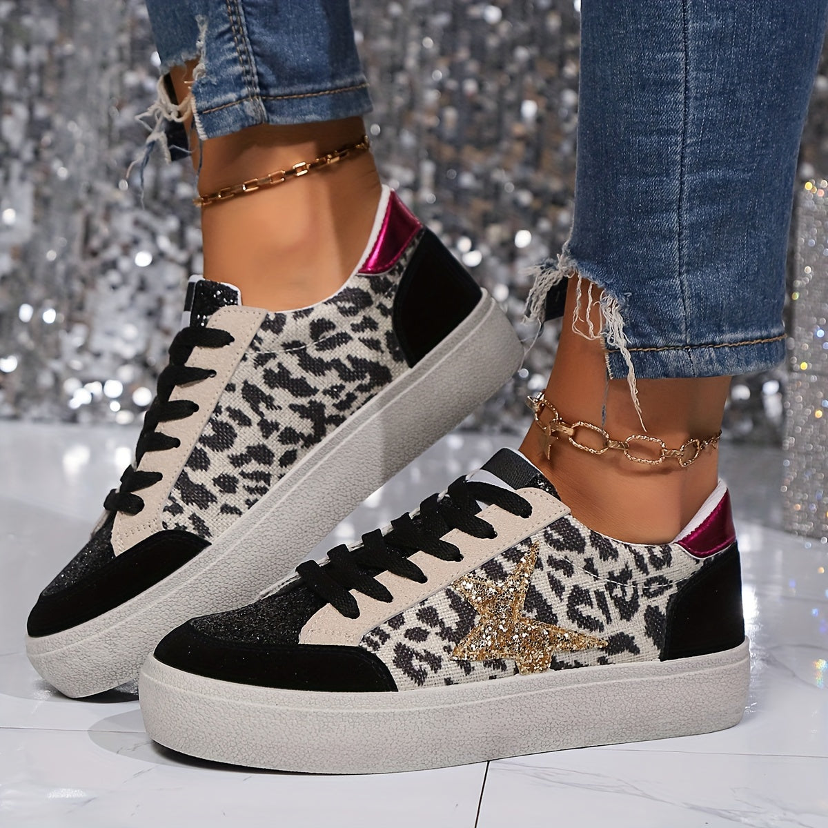 Women's Low-Top Sneakers Lace-Up Glitter Sequin Leopard Casual Shoes