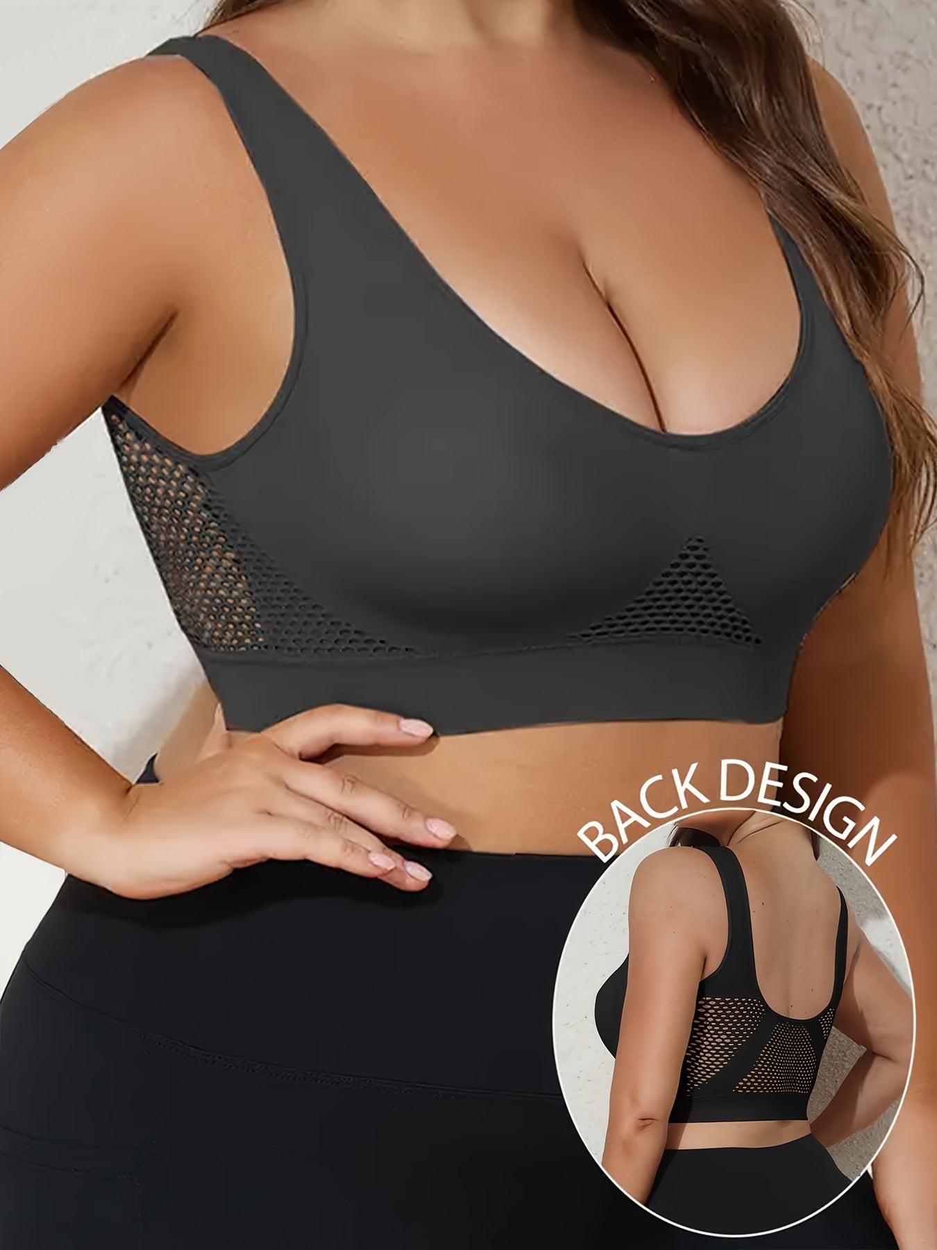 Plus o'lcham yuqori qo'llab-quvvatlash simsiz sport bralar yostiqlangan tarmoq nafas oladigan