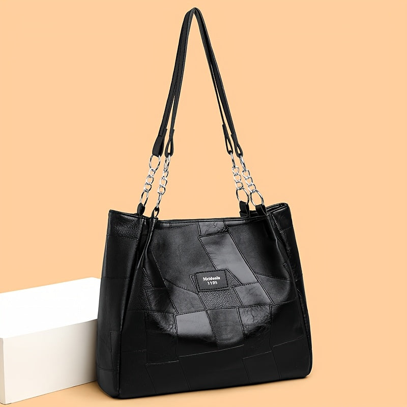 Black Quilted Faux Leather Tote Bag with Chain Strap for Travel and Shopping