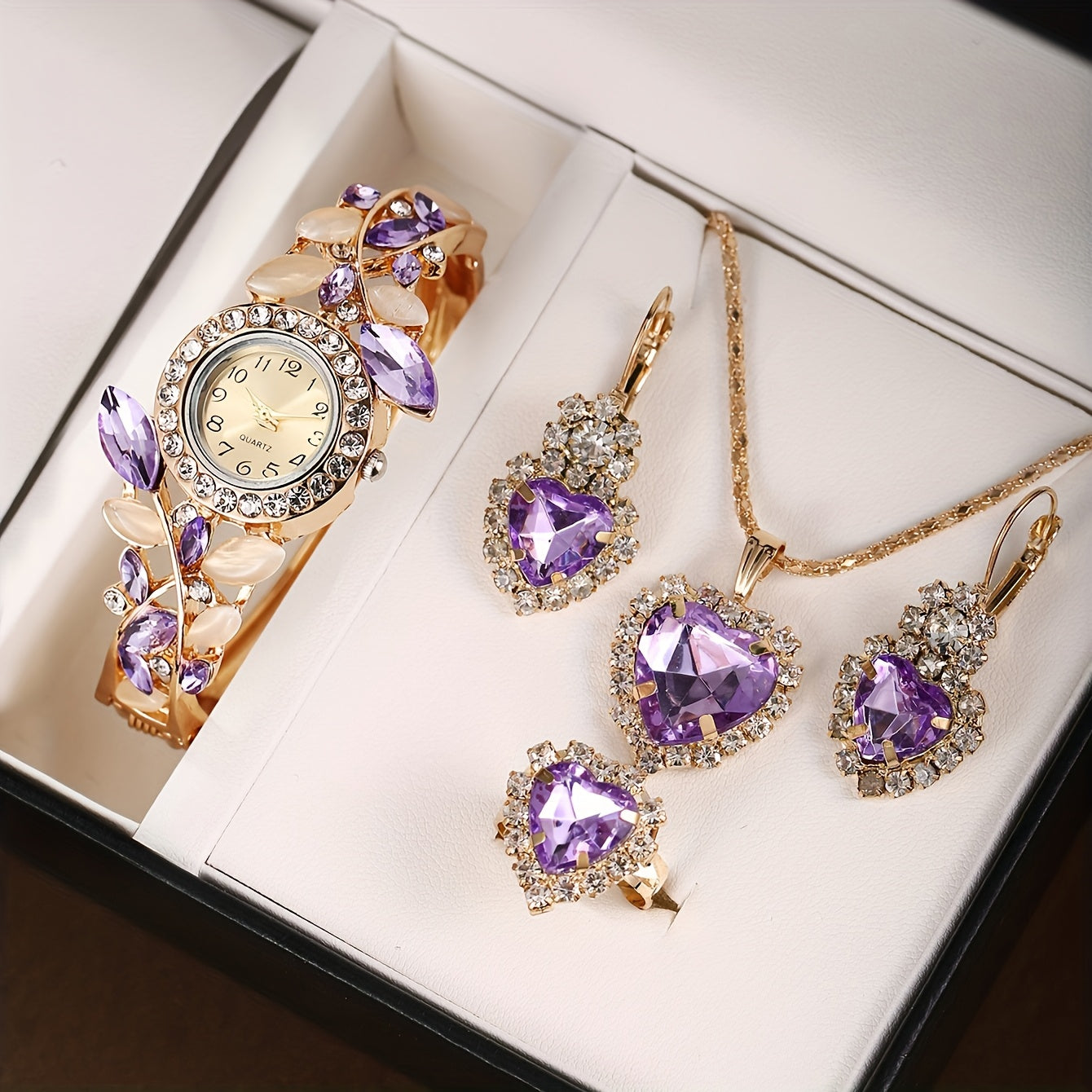 Women's Quartz Watch with Pink Gemstones and Rhinestone Jewelry Set