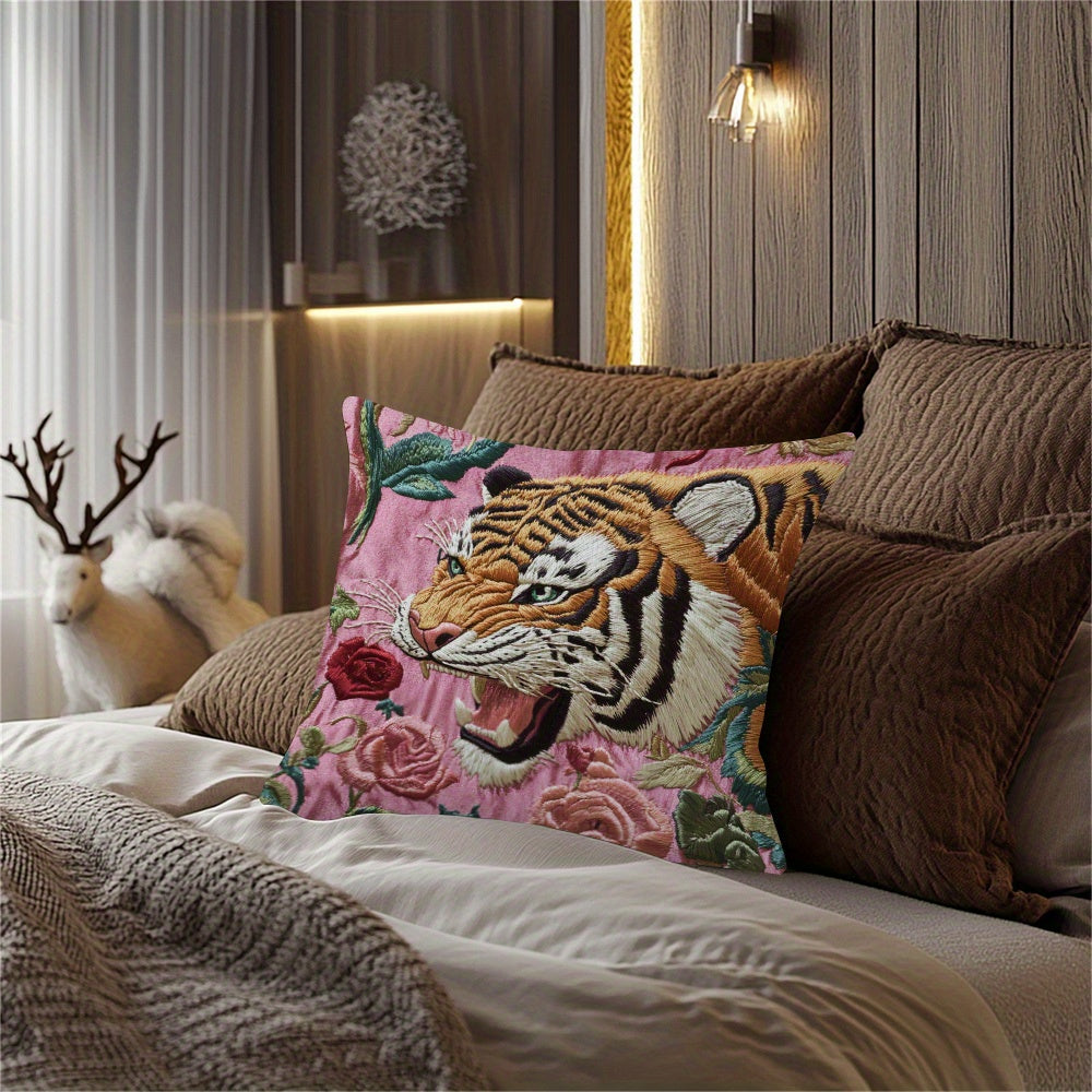 Подушка с вышивкой «Тигр и розы» с двусторонним полиэстеровым чехлом, идеальный праздничный декор для дома на День благодарения и Рождество, совместима с различными стилями - Артикул HJY647