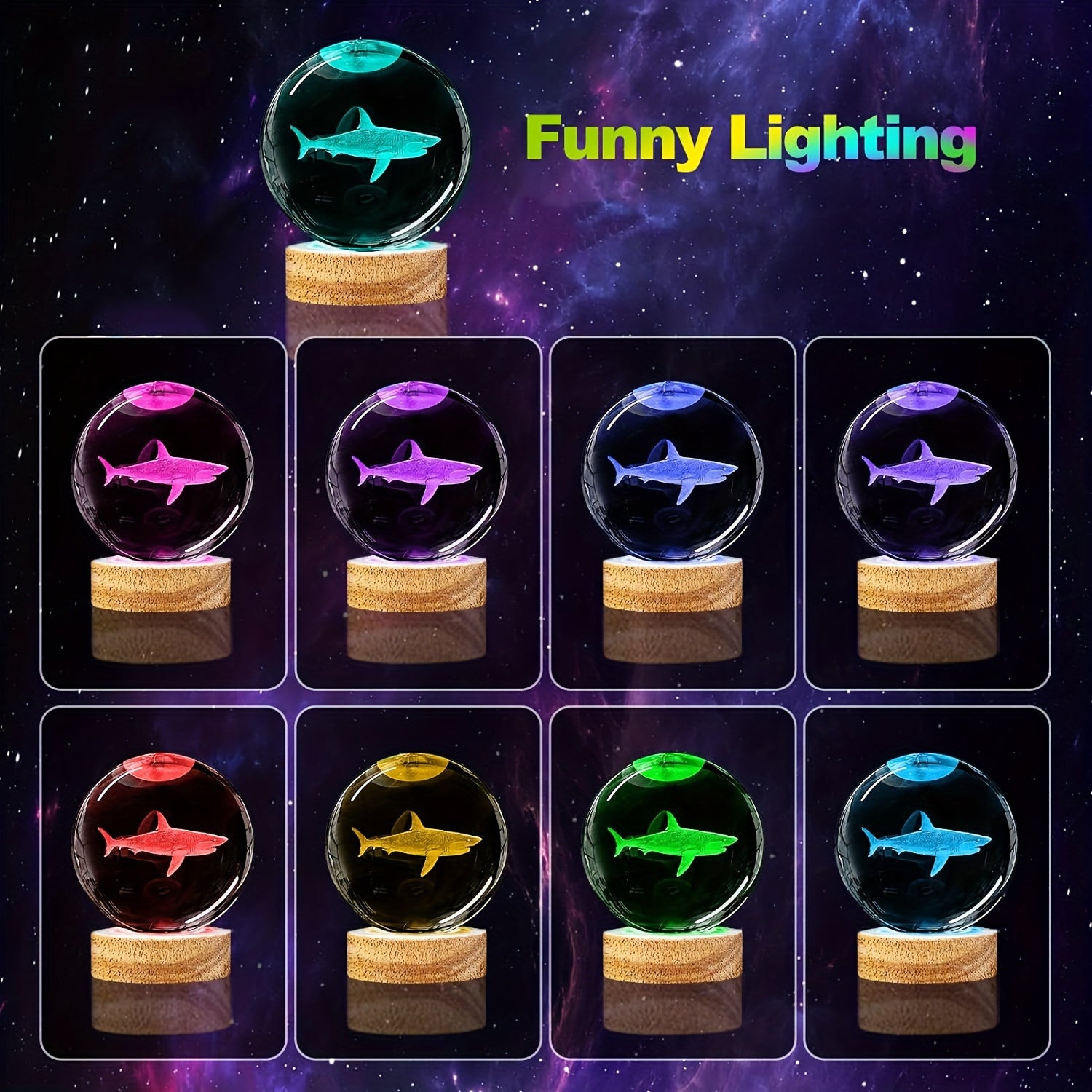 Lámpara de noche de bola de cristal 3D Shark con base de madera LED, alimentada por USB, decoración para dormitorio, regalo