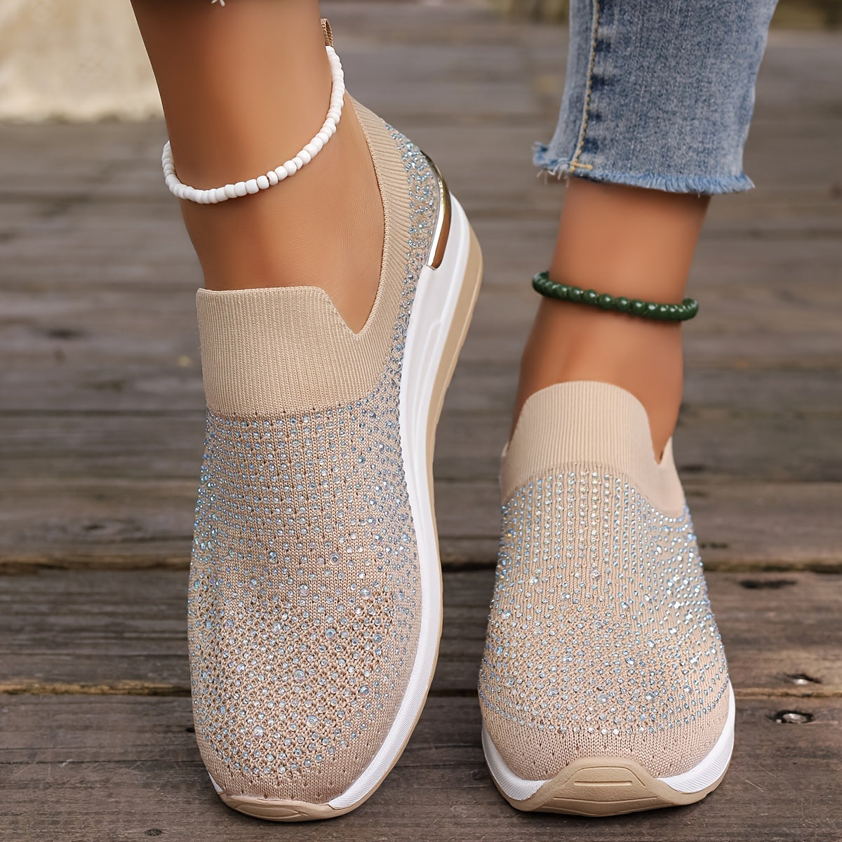 Women's Rhinestone Decor Platform Sneakers Casual Slip-On Outdoor Shoes