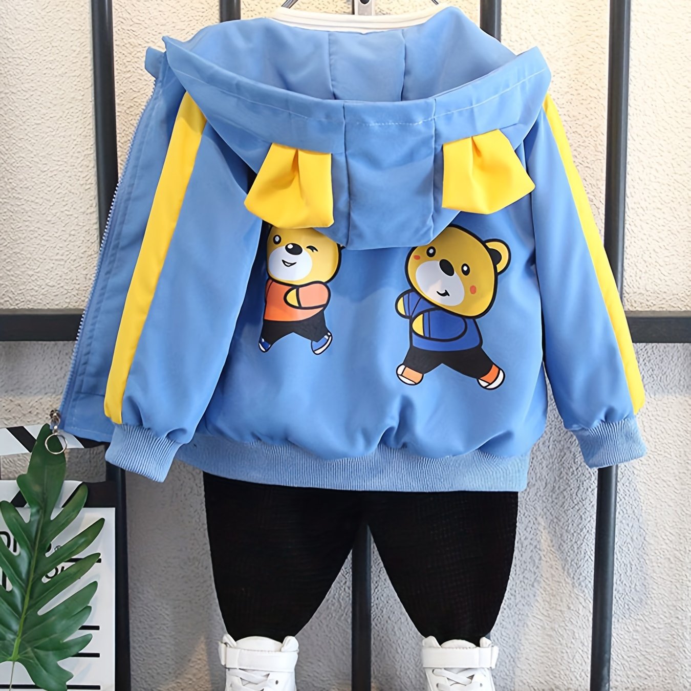 Boys' Lightweight Hooded Jacket with Bear Cartoon Print Yellow Blue Trim Fall Spring Kids Outerwear