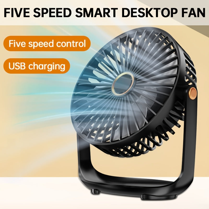 Mini Desktop Fan with Night Light, USB Rechargeable, 5-Speed Settings