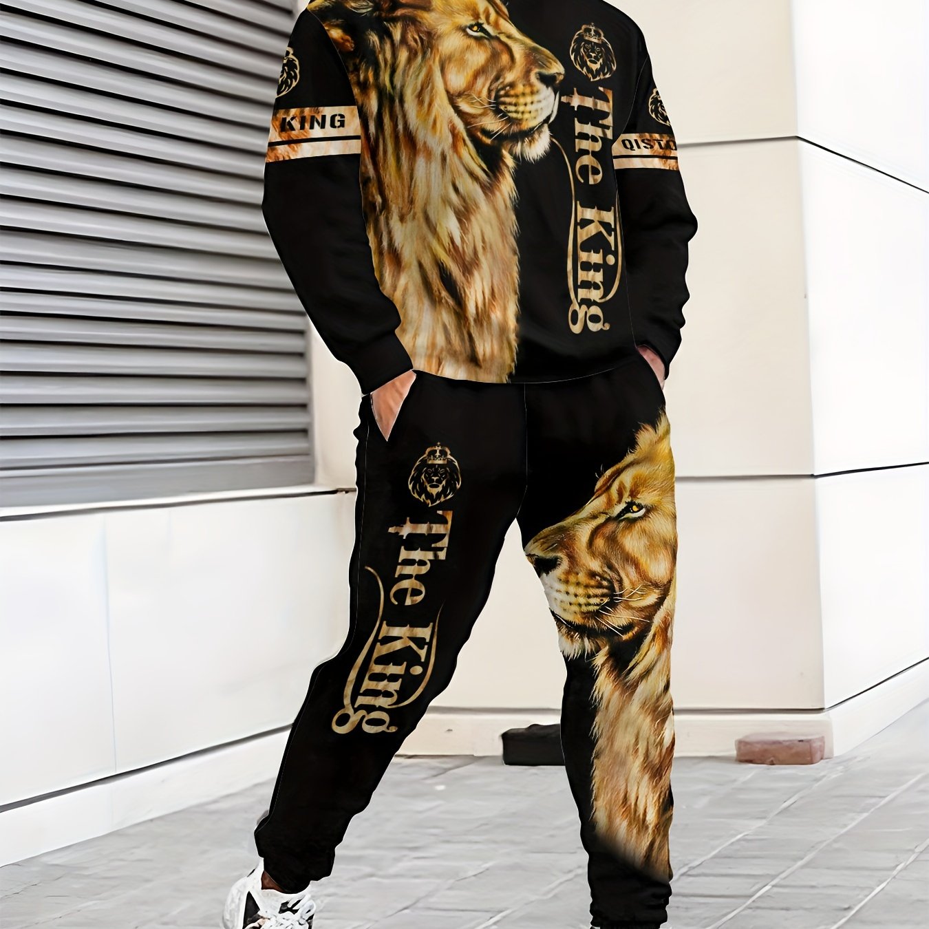 Men's Lion Print Hoodie and Sweatpants Set Polyester Knit Casual Regular Fit