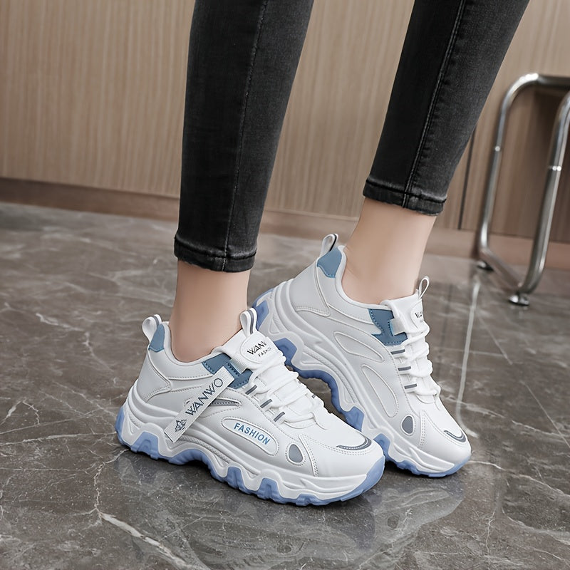 Women's Chunky Platform Combat Boots White and Blue Color-Block Synthetic Upper Rubber Sole
