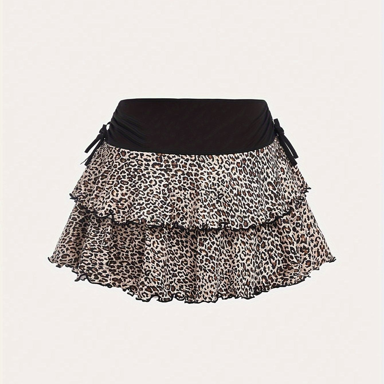 Falda de tamaño grande para mujer con estampado de leopardo, en capas con volantes, negra y blanca, de poliéster