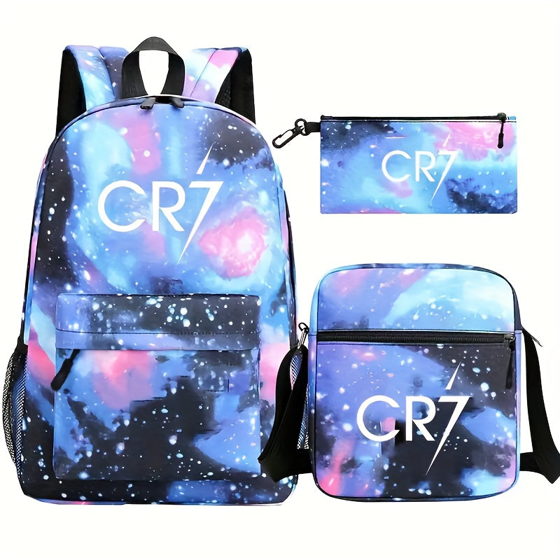 Star Print Polyester Backpack Set with Crossbody Bag and Pencil Case for School and Casual Use