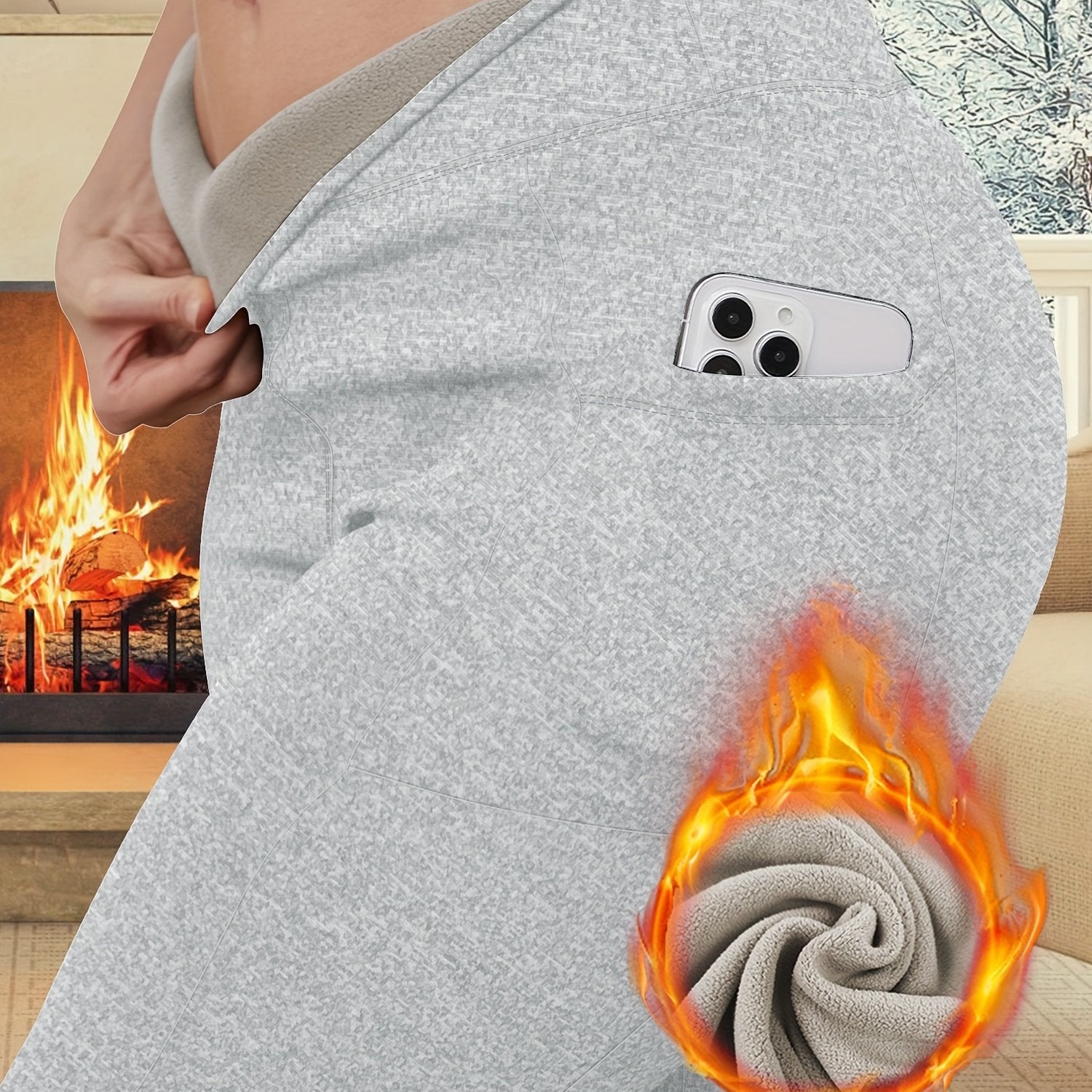 Plus Size Women Plush High Waist Pants With Side Pocket Warm Winter