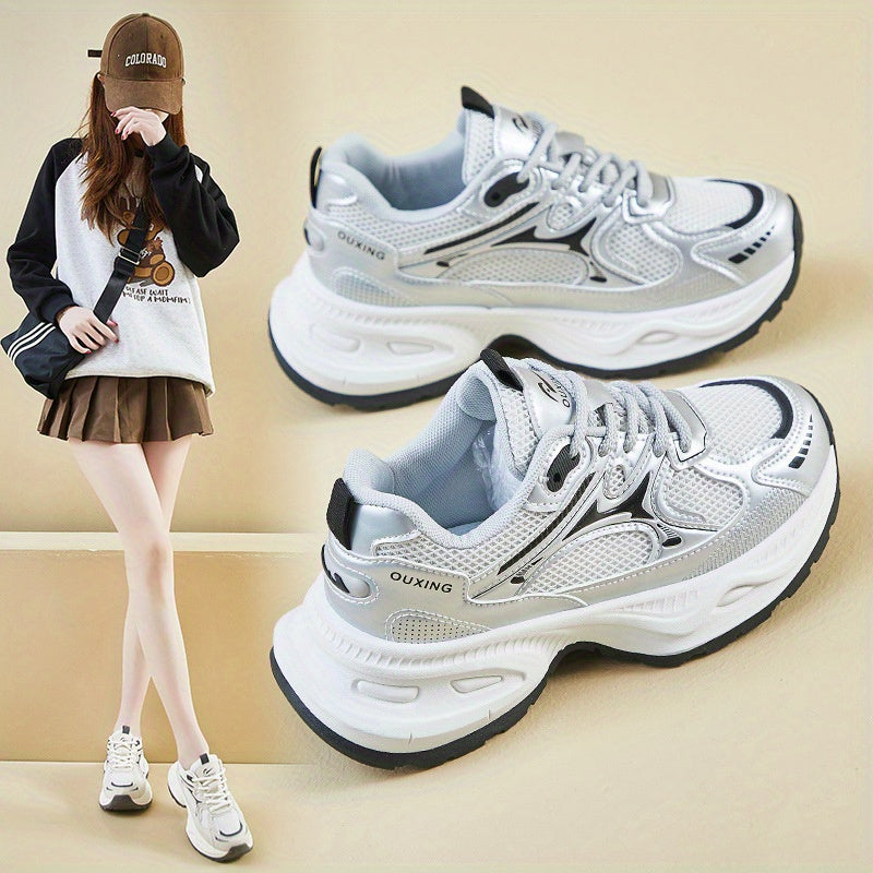 Women’s Korean Style Chunky Dad Shoes Comfortable Platform Sneakers White Gray