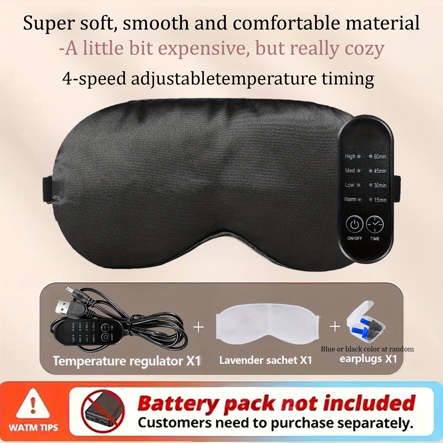 USB Heated Eye Mask with Adjustable Temperature, Includes Ear Plugs and Scented Bag