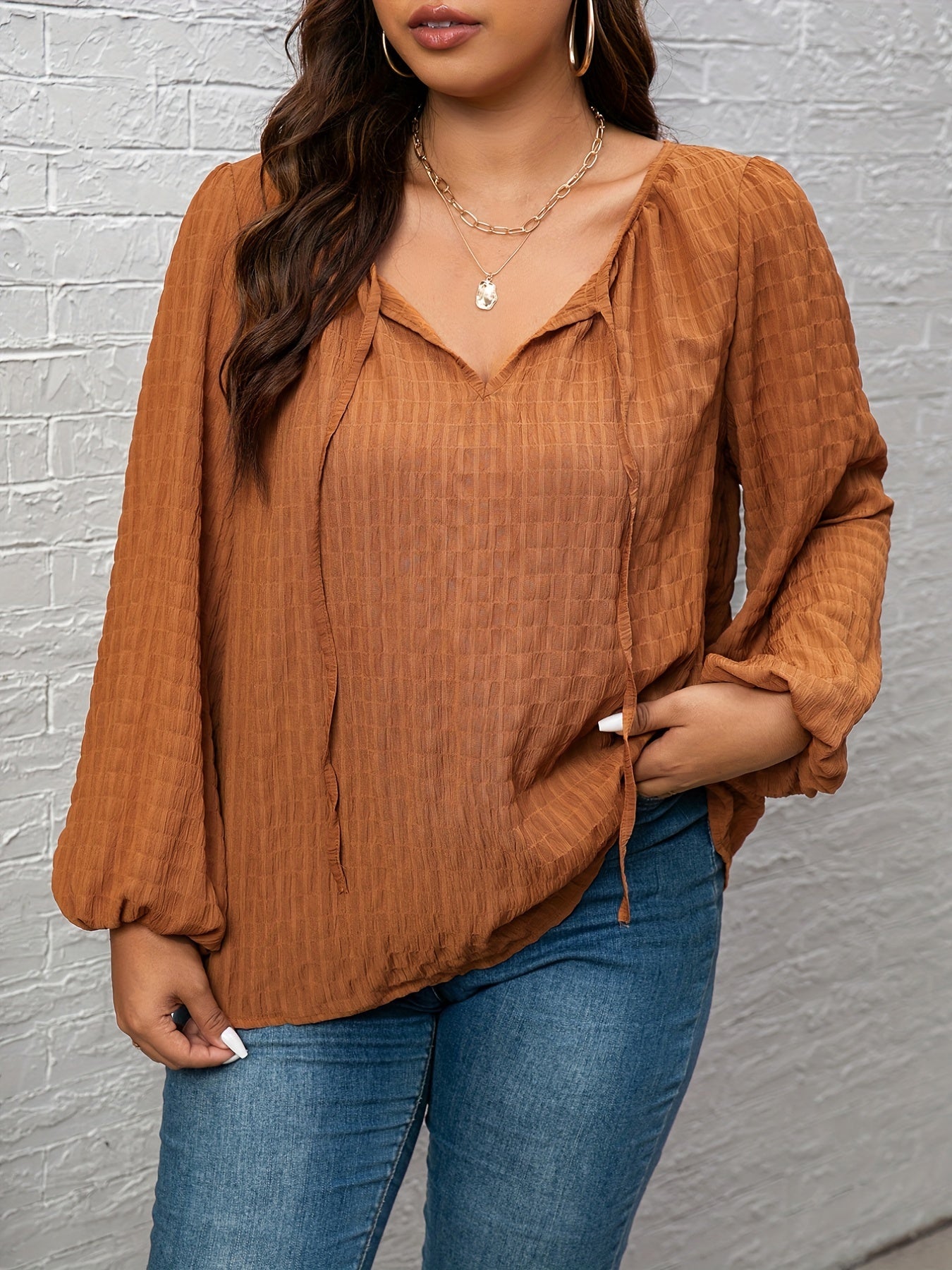 Women's Plus Size Blouse with Lantern Sleeves and Tie Front V Neck for Going Out