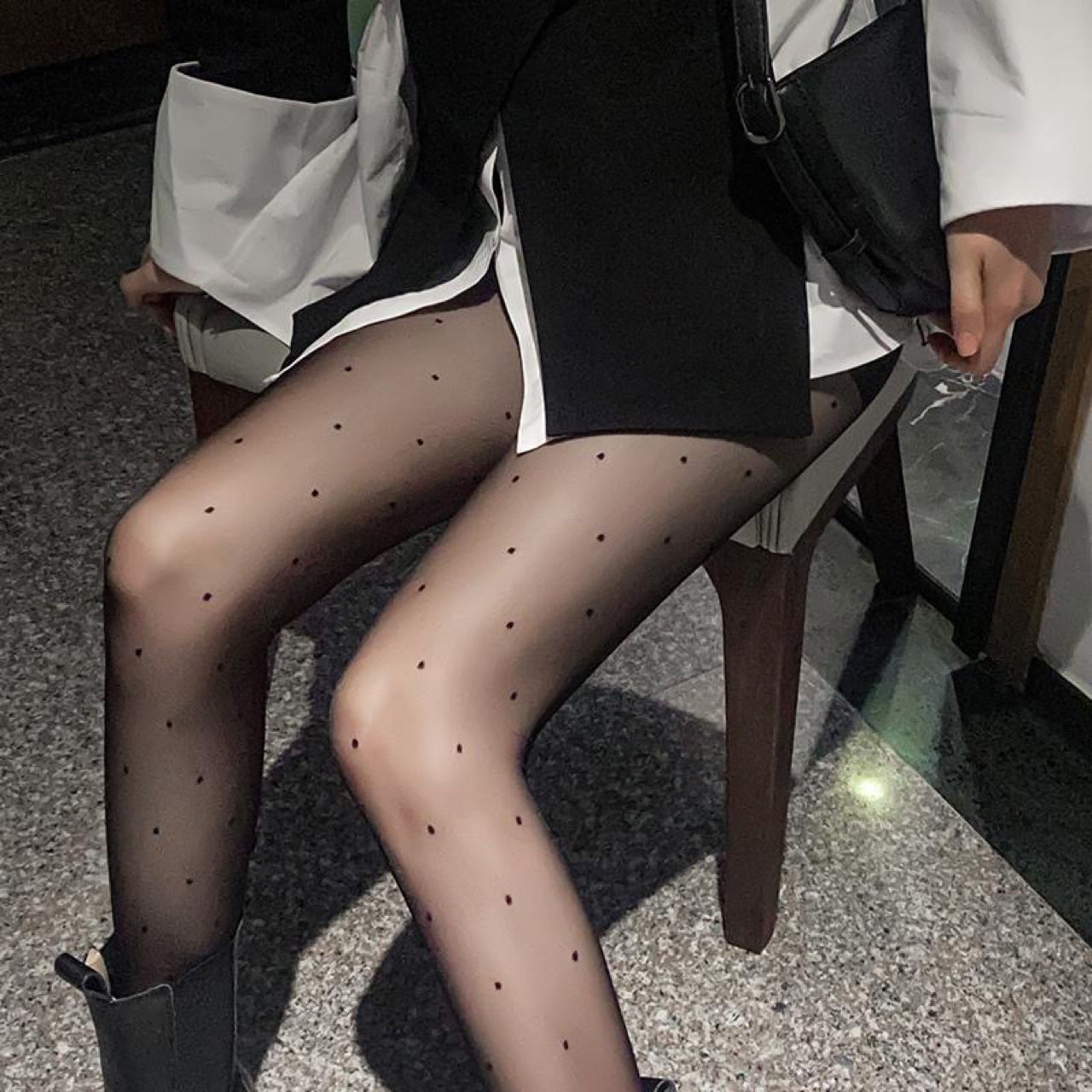 Women's Black Sheer Polka Dot Heart Mesh Tights Polyamide Polyester Knit