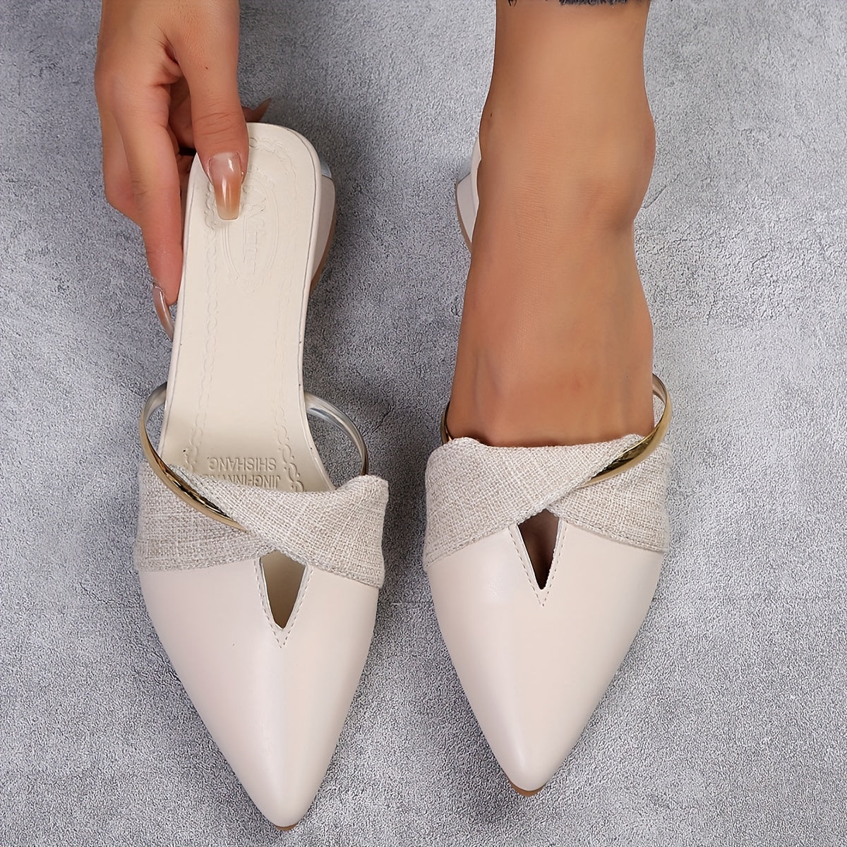 Women's V Cut Out Slip-On Block Heel Sandals with Pointed Toe