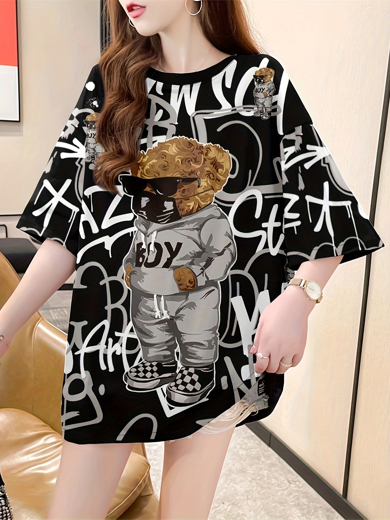 Women's Cartoon Print Casual T-Shirt Short Sleeve Loose Fit Polyester Elastane Long Length