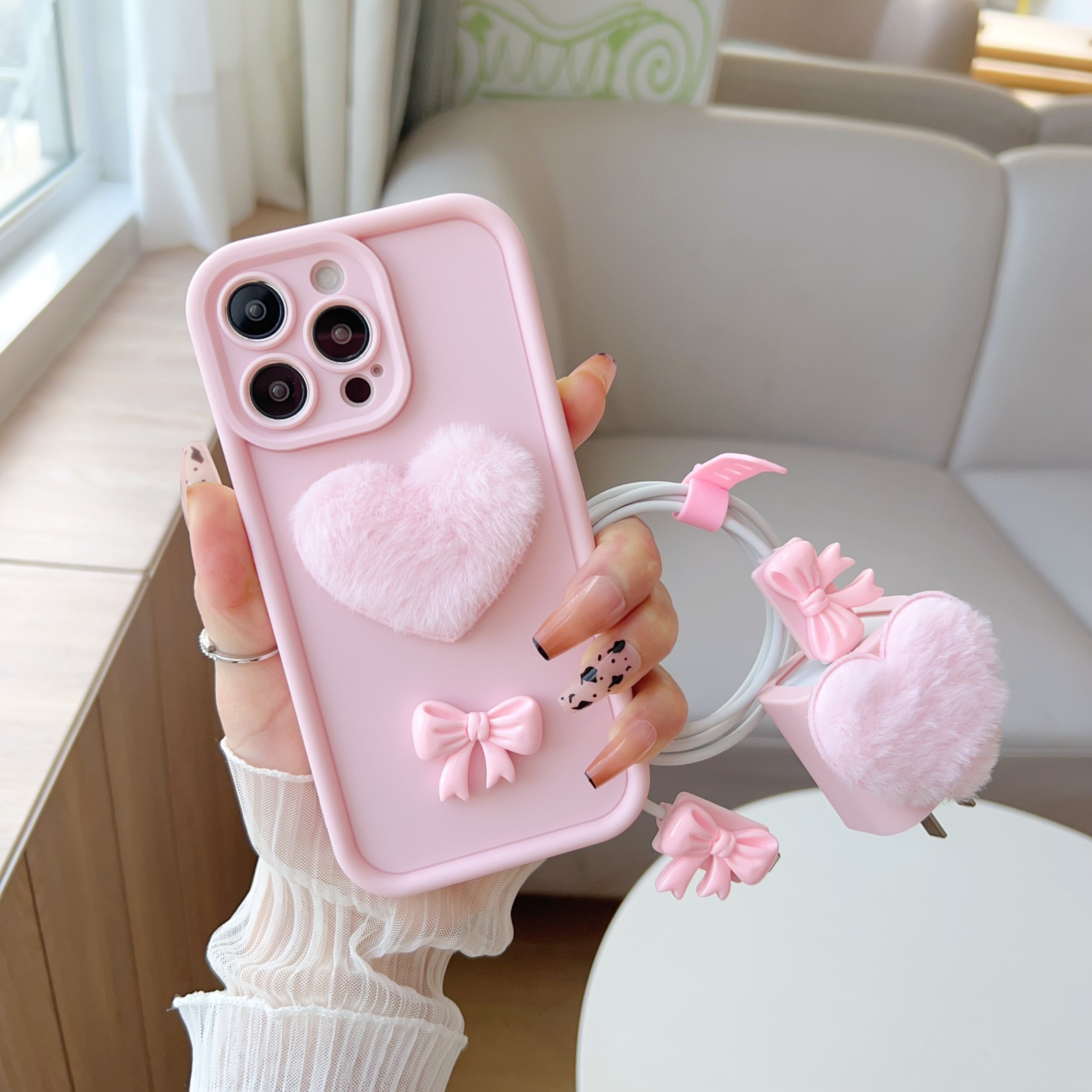 5-Piece iPhone Protection Set with Pink Butterfly Case Charger Cable Cases and Cable Tie