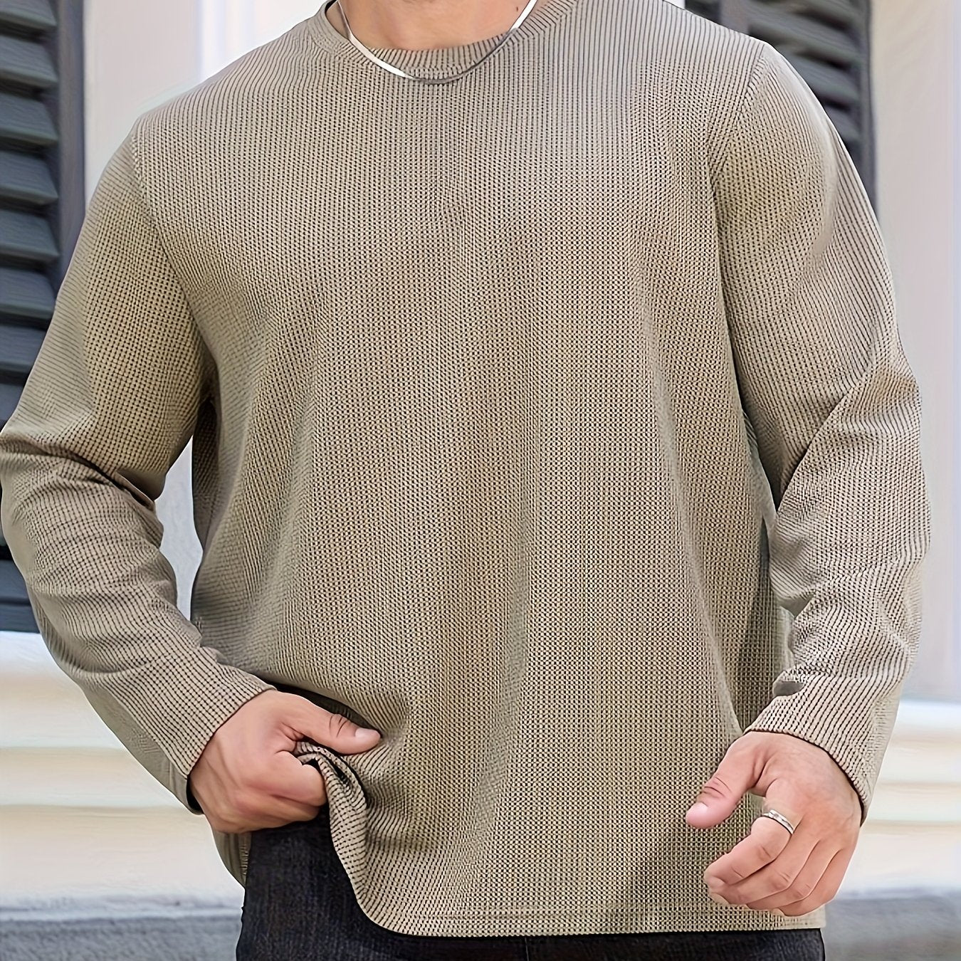 Men's Plus Size Dark Gray Long Sleeve Crewneck Top in Soft Polyester Knit for Fall Winter