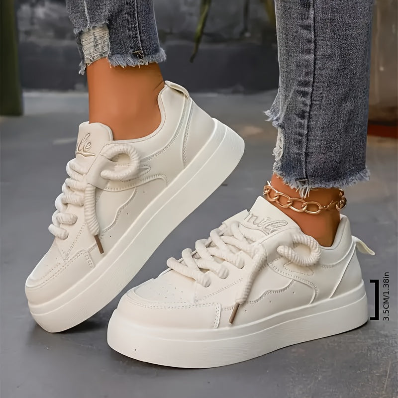 Women's White Lace-Up Round Toe Sneakers, Comfortable Breathable Casual Shoes