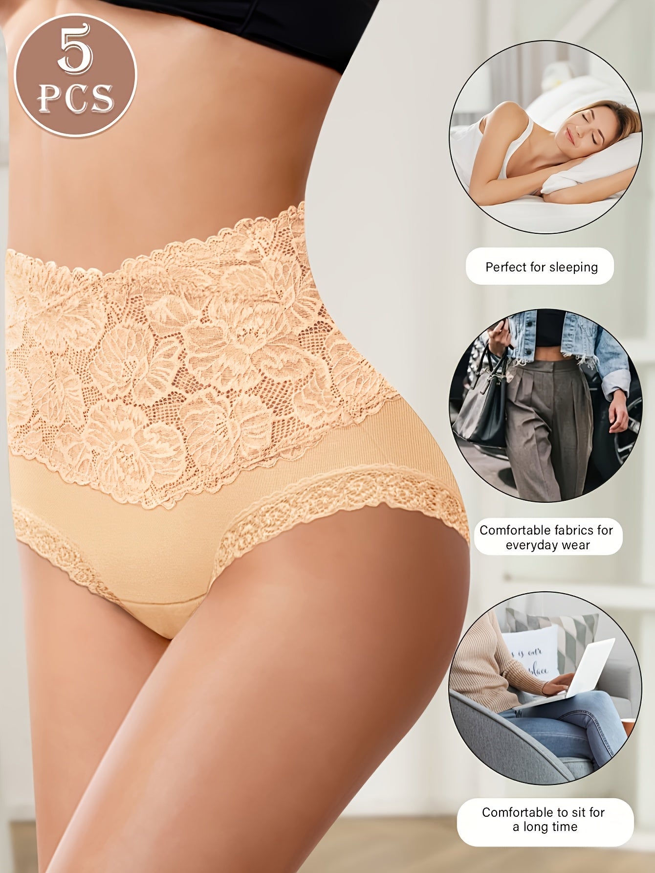 Plus-Size High-Waist Tummy Control Panties with Lace Trim and Butt Lift 5 Pack