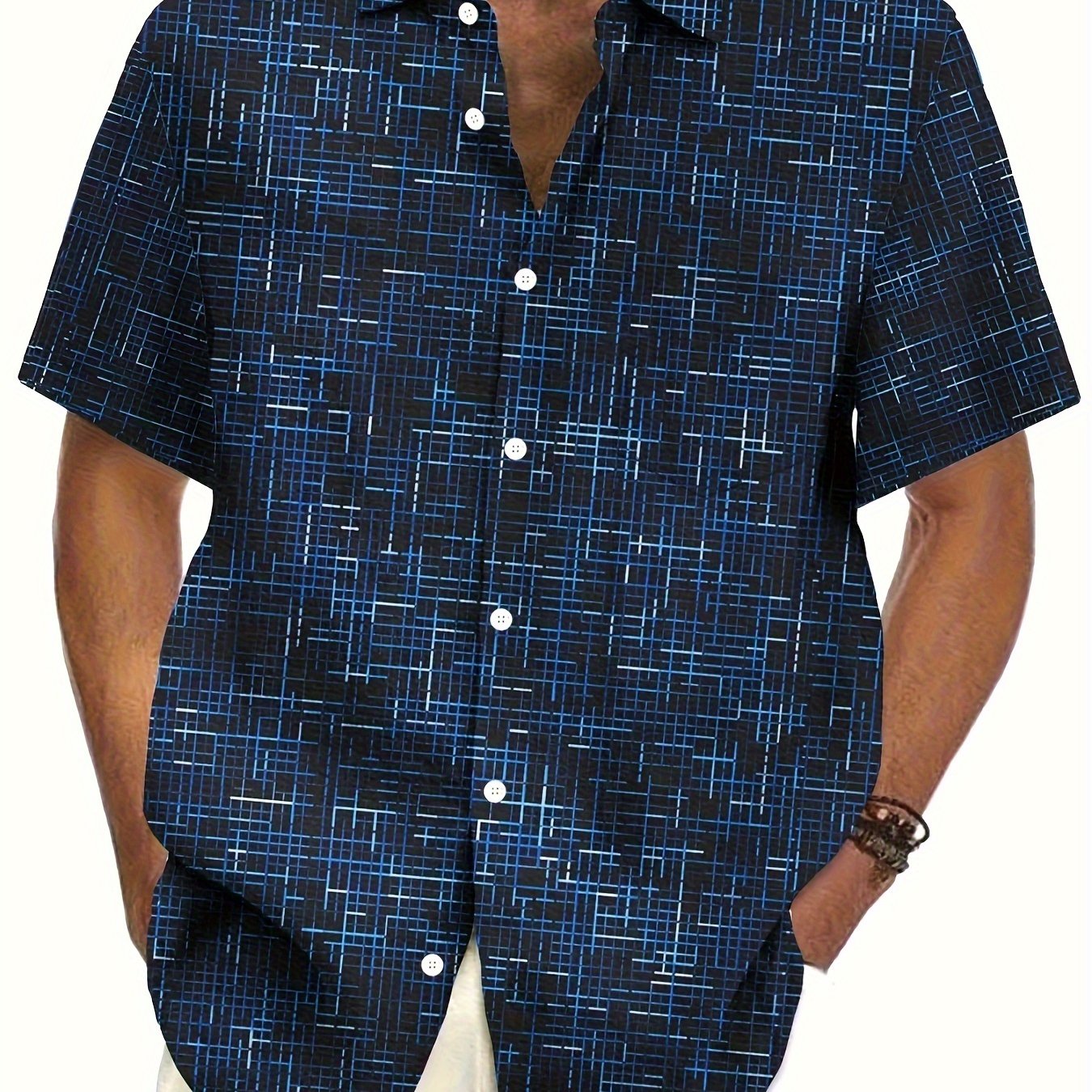 Men's Plus Size Short Sleeve Geometric Print Shirt with Button Front and Pocket