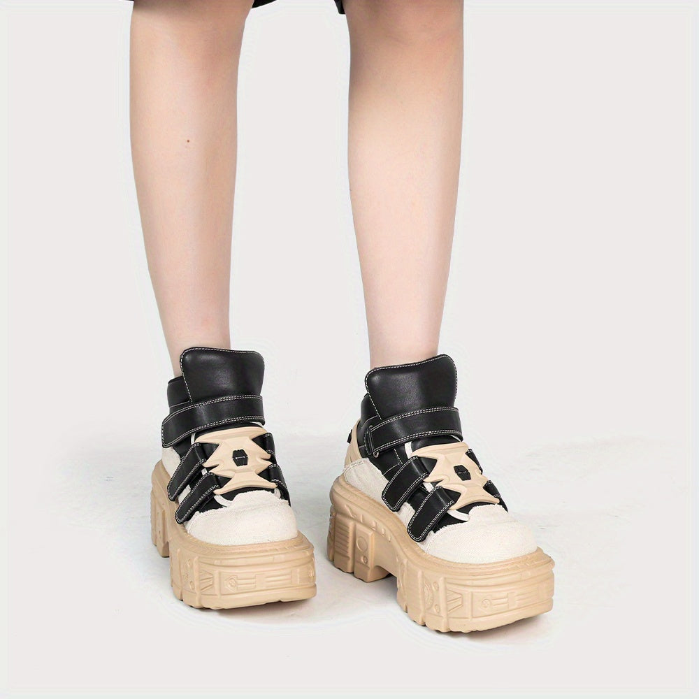 Women Punk Style High-Top Chunky Platform Ankle Boots Black White Accents