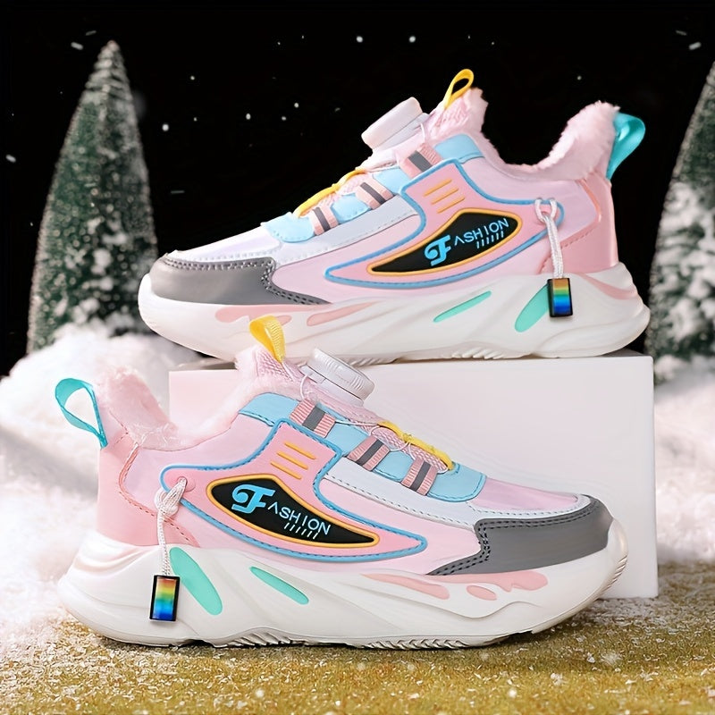 Girls Fleece-Lined Athletic Sneakers Stripes Mid-Top Casual Running Shoes