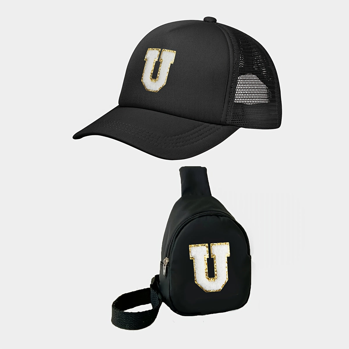 Children's Alphabet Baseball Cap and Shoulder Bag Set for Kids 3-14 Polyester Black