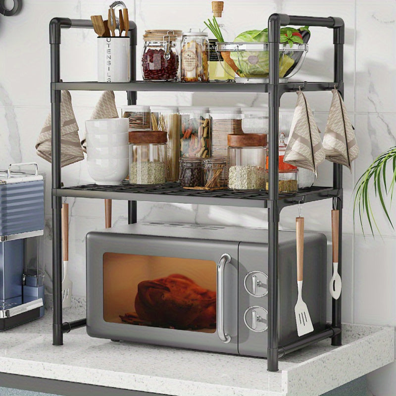 Two-Tier Microwave Oven Rack with Hooks Plastic Kitchen Organizer for Condiments