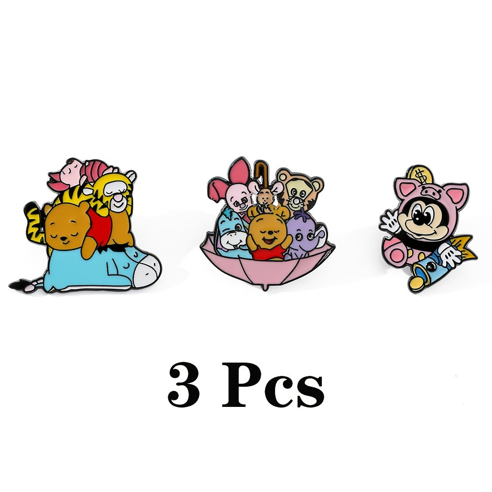 Set of 3 Cartoon Animal Enamel Brooch Pins Alloy Metal Irregular Shape for Clothing and Backpacks