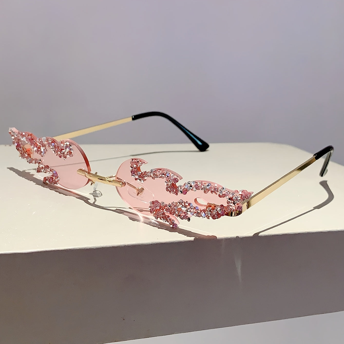 Women's Fire Flame Rimless Sunglasses with Rhinestones for Parties and Clubwear