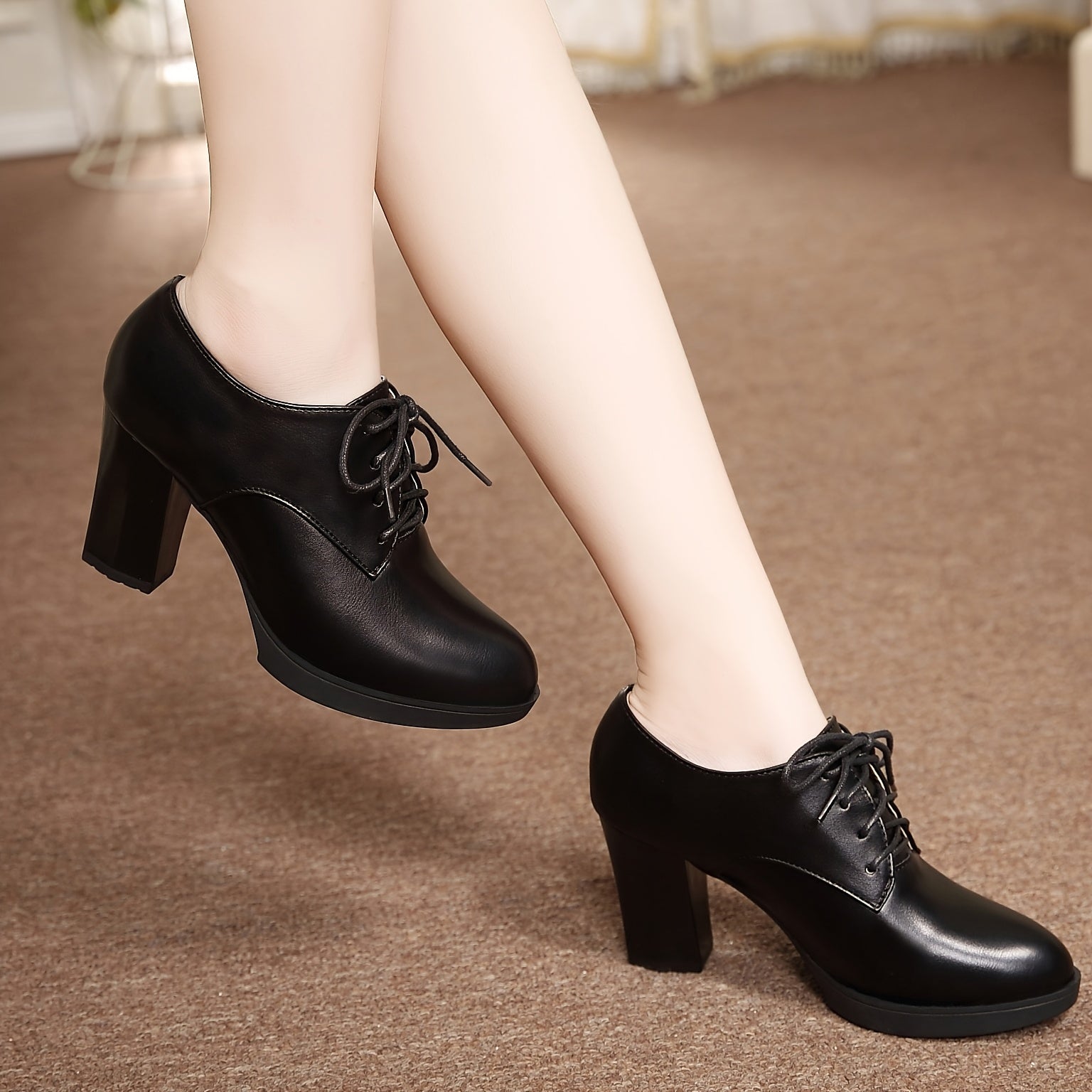 Women's Synthetic Retro Round Toe Chunky Heel Pumps Black All-Season Dress Shoes
