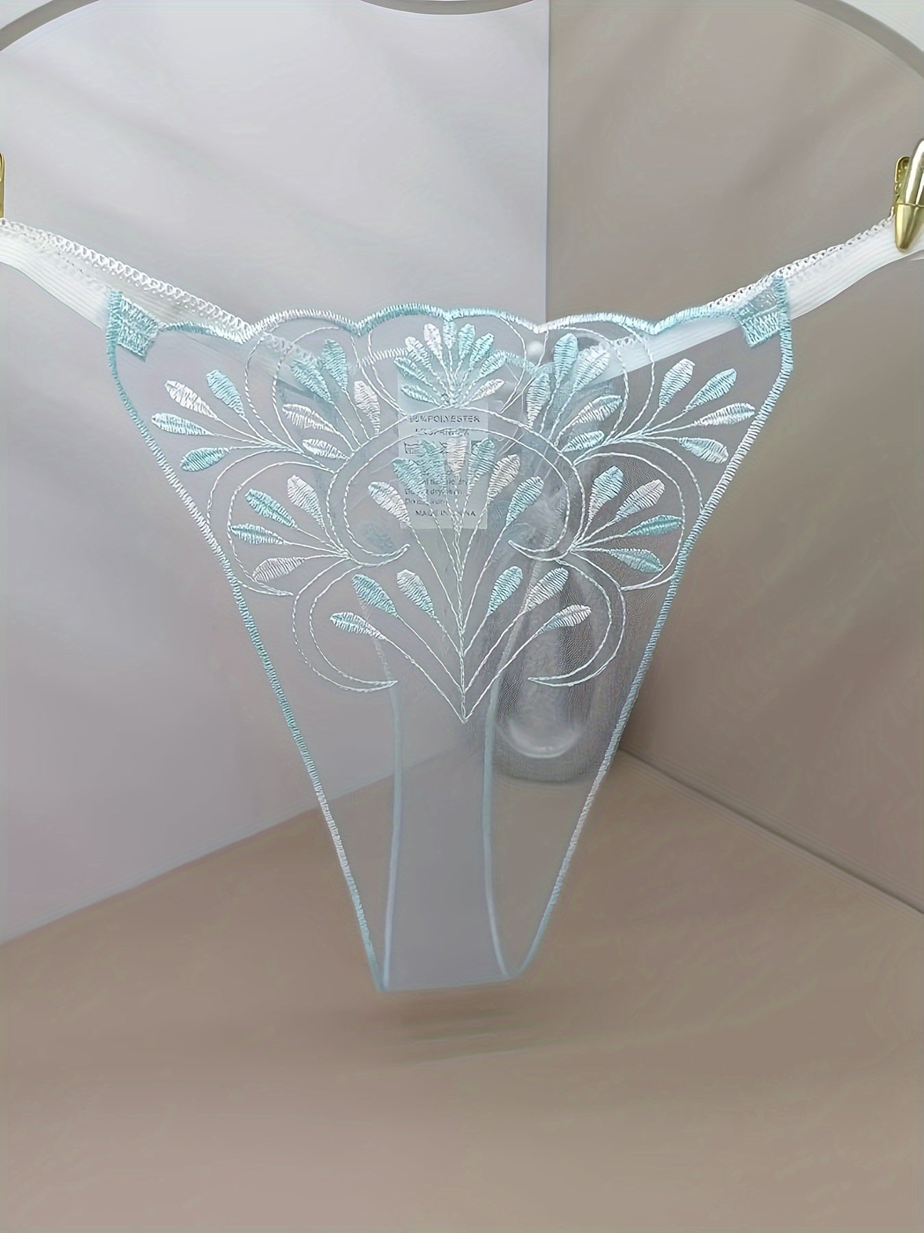 Women’s Blue Transparent Thong Panties with Net Embroidery and Pattern Design