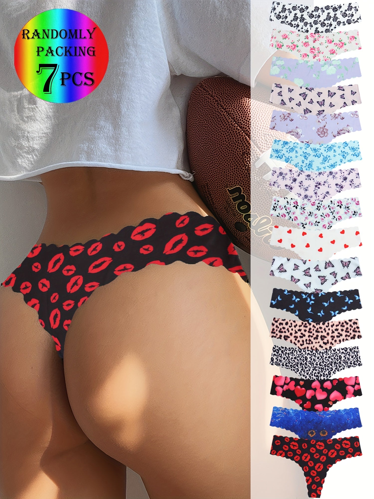 7pcs Women's Seamless Panties with Butterfly and Red Lips Pattern Polyester V-Strings