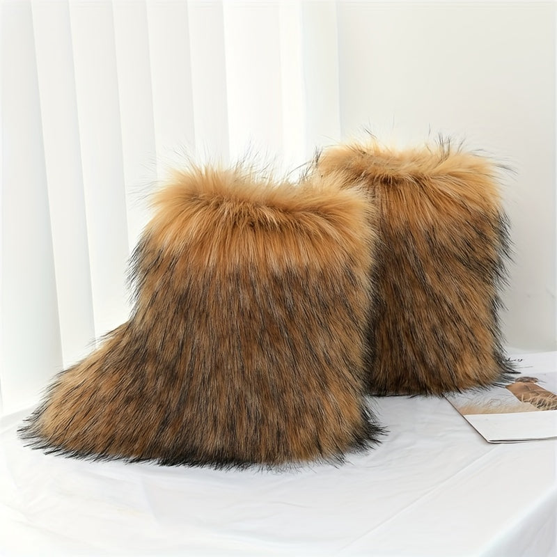 Women's Faux Fur Mid-Calf Boots Furry High-Top Shibuya Y2K Style