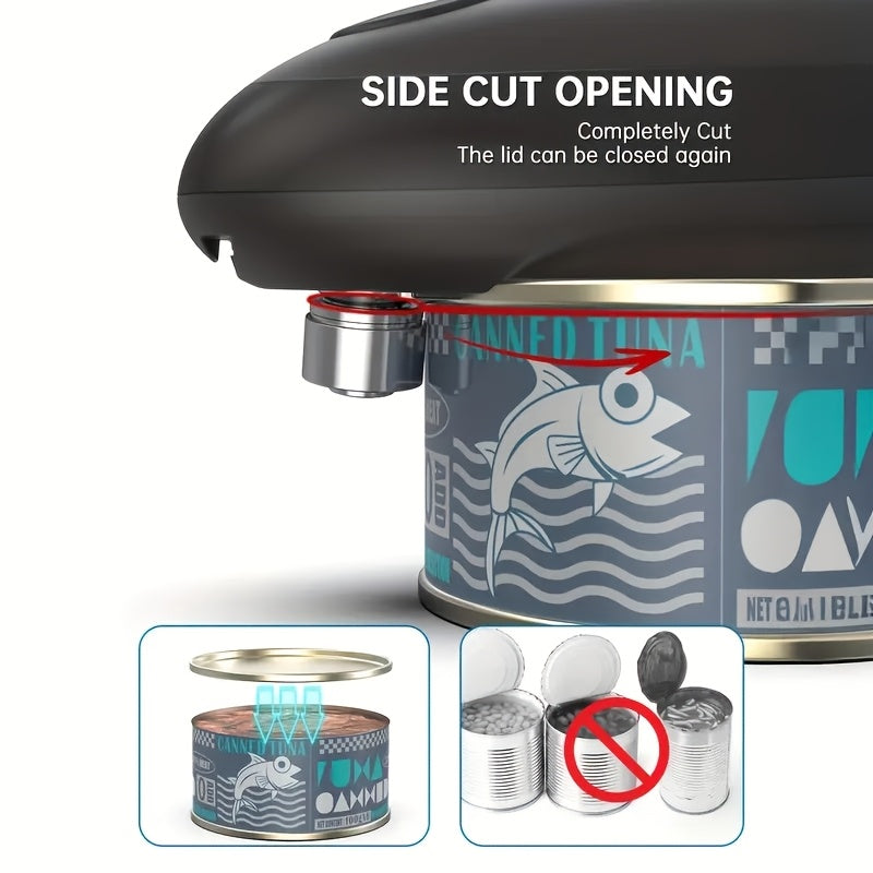 Electric can opener with built-in lid and bottle opener opens 100 cans
