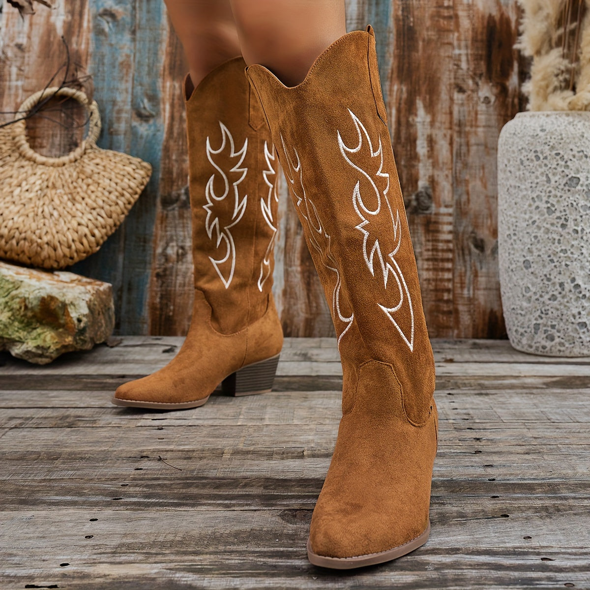 Women's Western Cowboy Riding Boots Knee-High Embroidered Leather