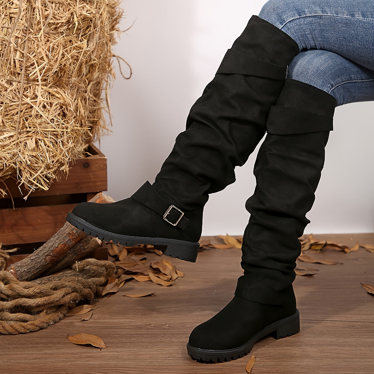 Women's Knee-High Slouch Boots Fabric Round Toe Block Heel All-Season