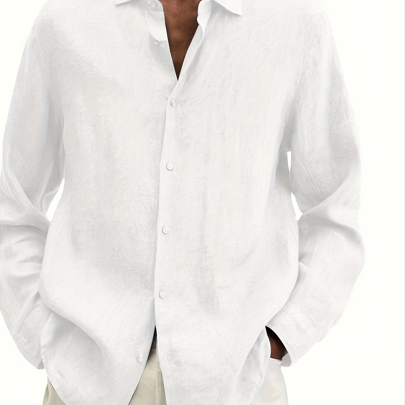 Camisa de manga larga de poliéster sólida de botones y cuello en V para hombre de tallas grandes