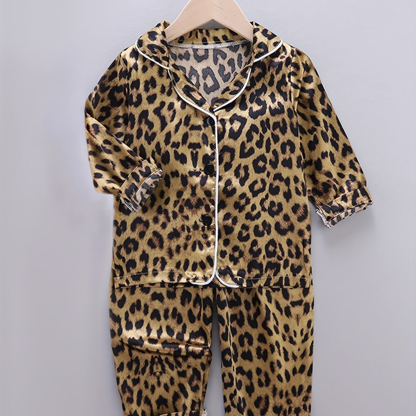 Children's Leopard Print Satin Pajama Set with Long Sleeves and Elastic Waistband