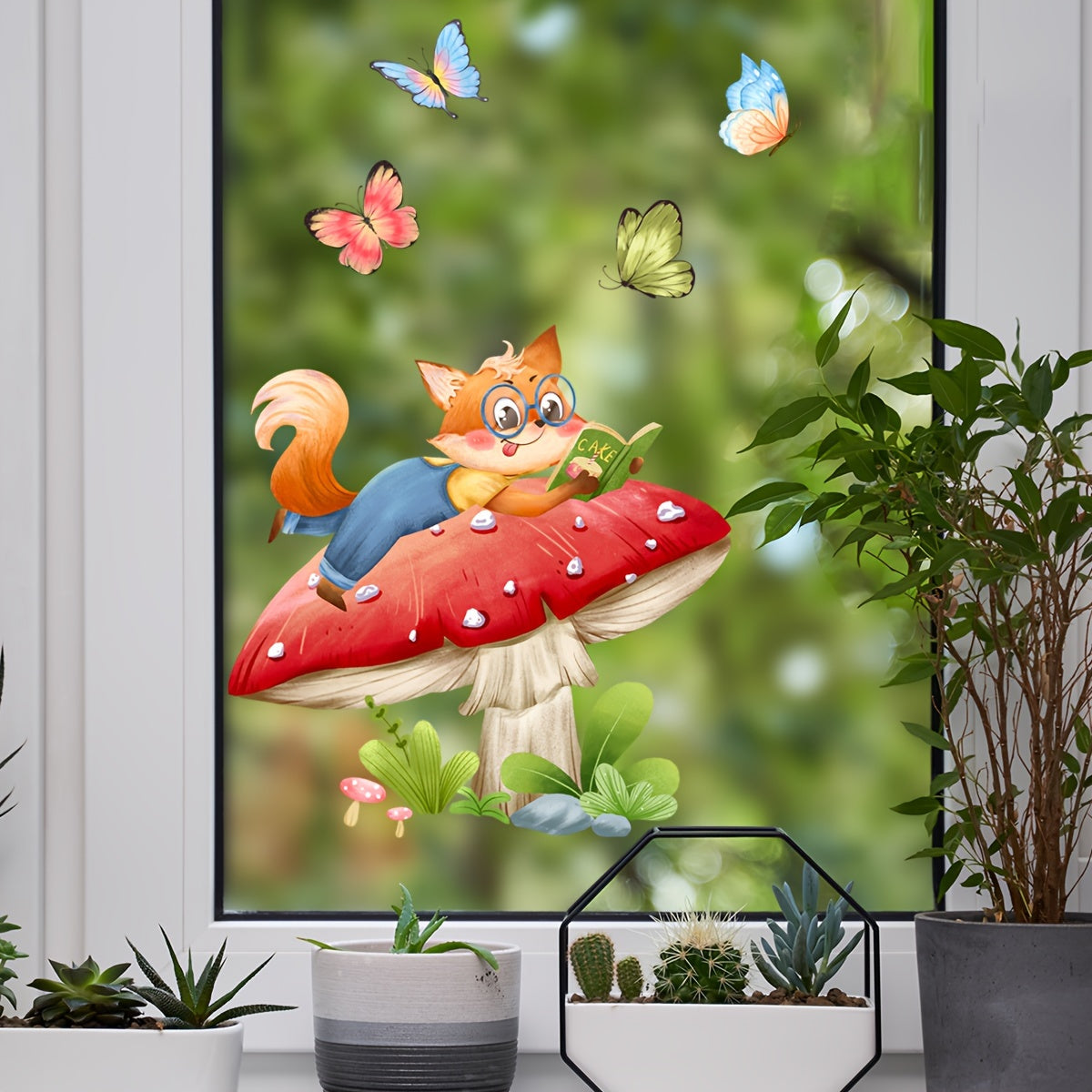Double-Sided Window Clings Fox and Mushroom Butterfly Decor for Home